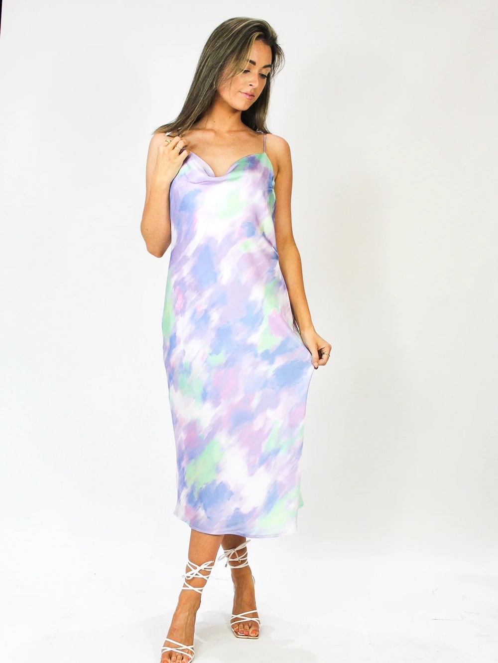 Sleeveless Midi Slip Dress in Lavender Tie-Dye